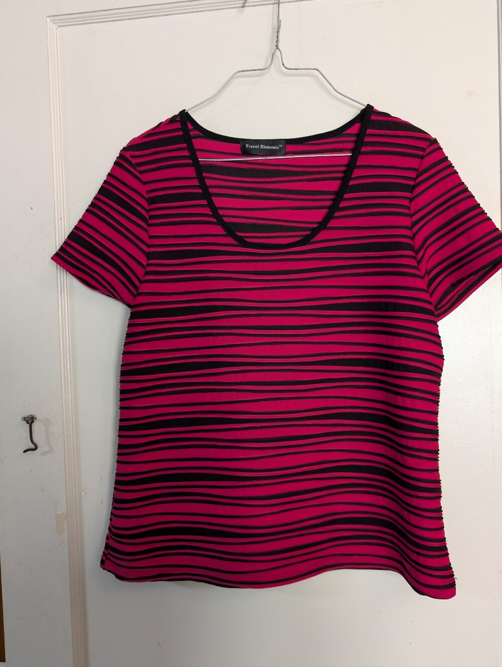 TravelSmith Hot Pink and Black Striped Scoop Neck Tee